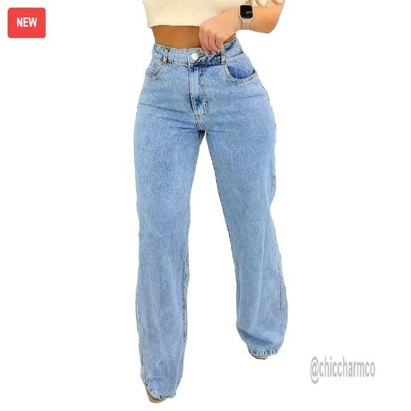 Wide Leg Denim Pants Straight Fit Vintage Wash Casual Jeans
